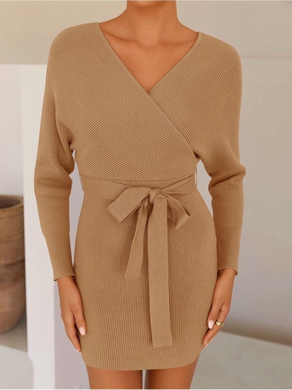 Women’s Deep V-Neck Sweater Mini Dress in Camel